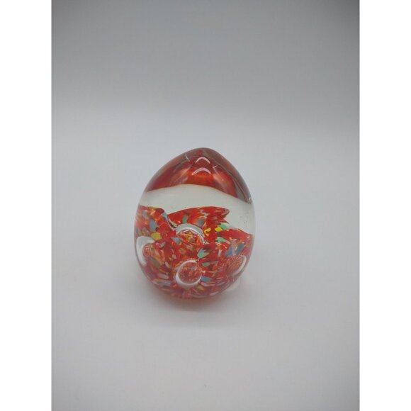 Vintage 3" Norleans Japan Blown Glass Egg Paperweight Orange Millefiori Bubbles - Picture 7 of 17
